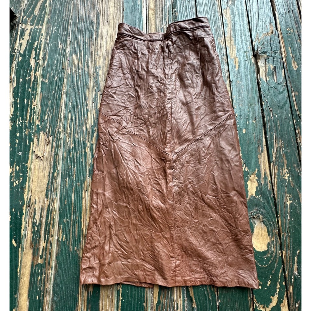 Firenze Santa Barbara Vintage Brown Genuine Leather Crinkle Midi Skirt Size 4